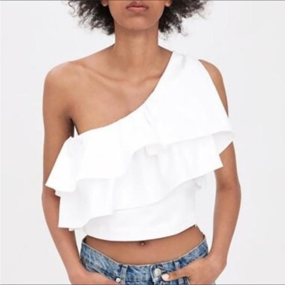 Zara One Shoulder Ruffle Crop Top | Size XS